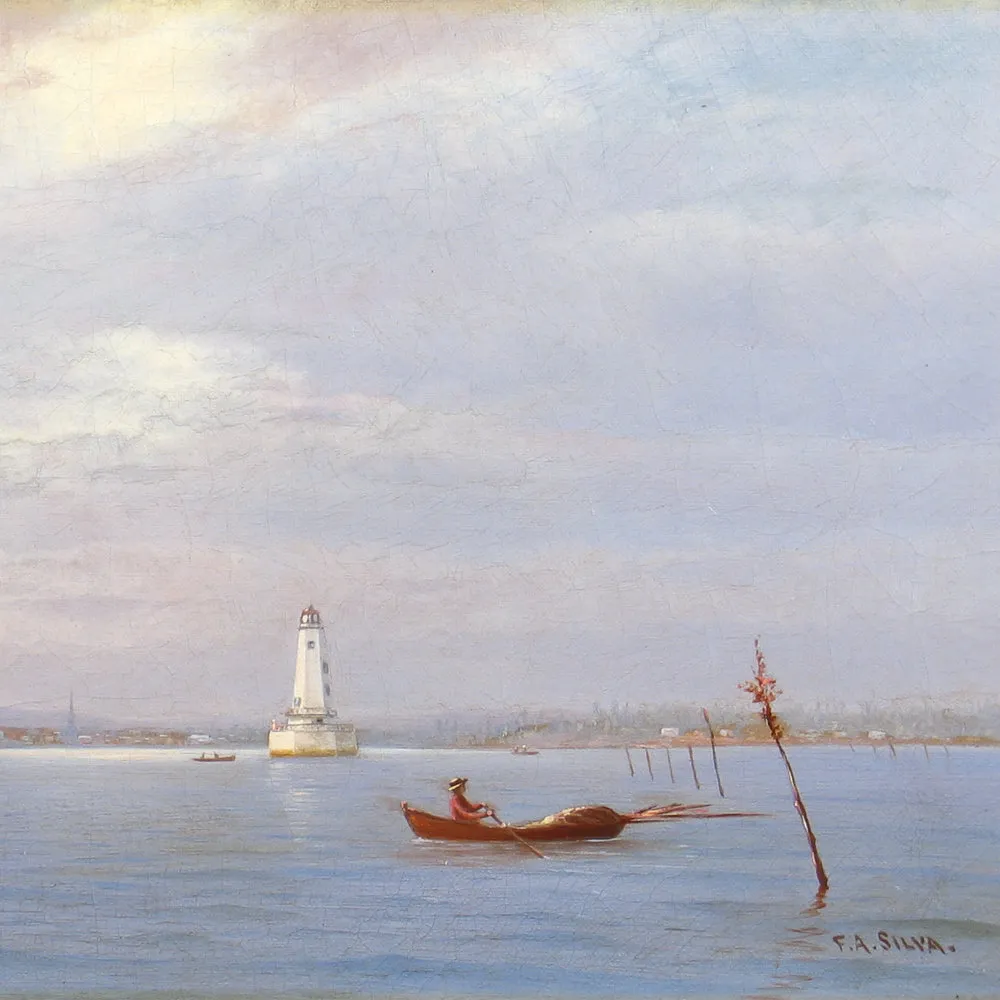 Francis Augustus Silva (1835–1886), Robbin's Reef Lighthouse off Tompkinsville, New York Harbor, c. 1880, oil on canvas, 9 x 18 in. (detail)