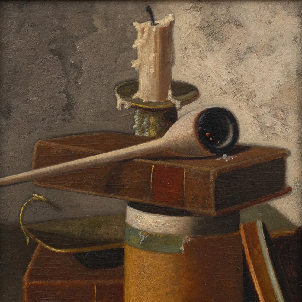 John Frederick Peto (1854–1907). Still Life with Candle, Pipe and Books. Oil on board, 10 x 7 1/2 in. (detail)