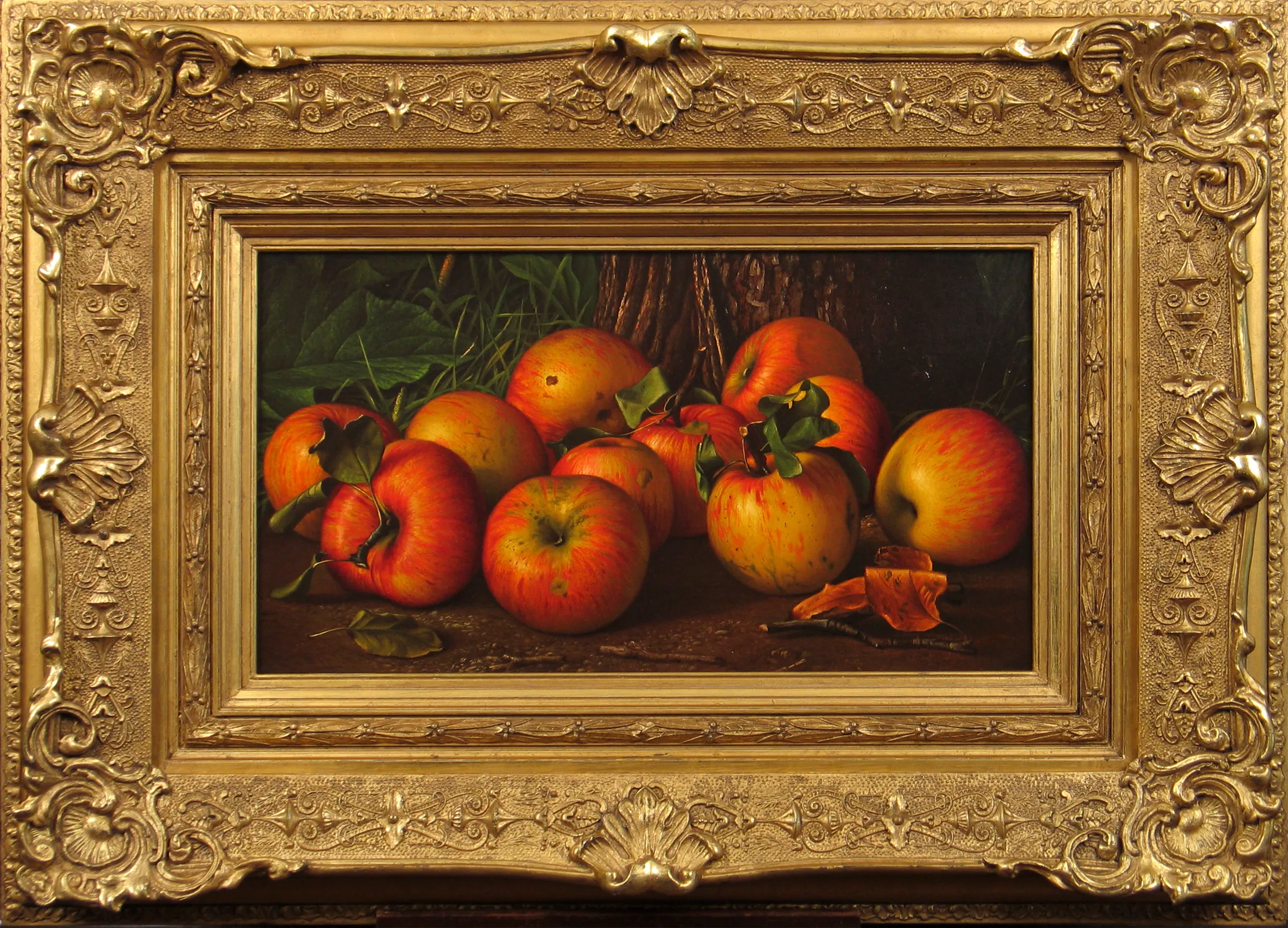 Levi Wells Prentice (1851–1935), Apples by a Tree, c. 1885, Oil on canvas, 10 x 18 in., Framed dimensions: 21 x 29 in.