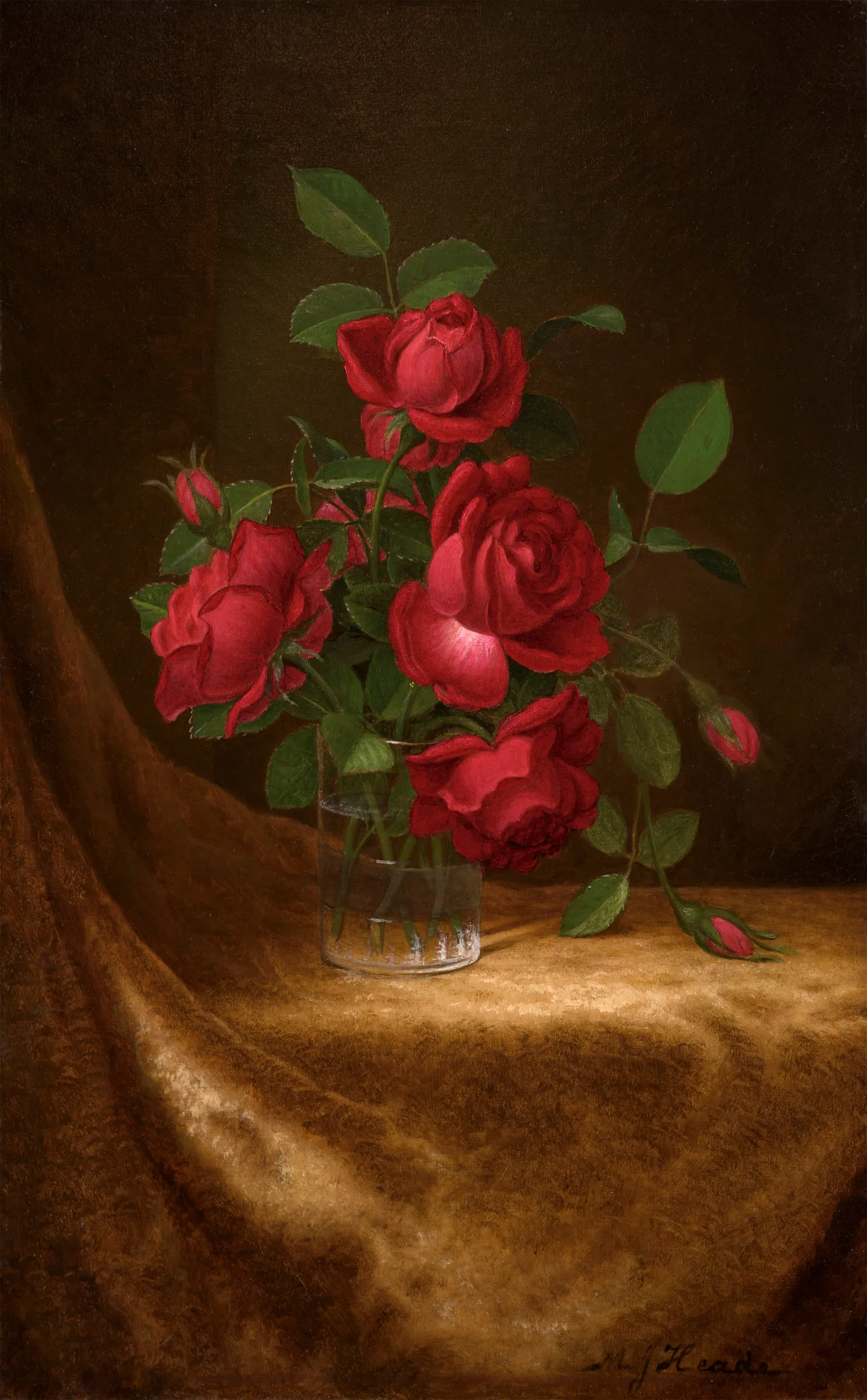 Martin Johnson Heade (1819–1904), Four Roses in a Glass, c. 1883–1900, oil on canvas, 22 x 14 in., signed lower right: M J Heade