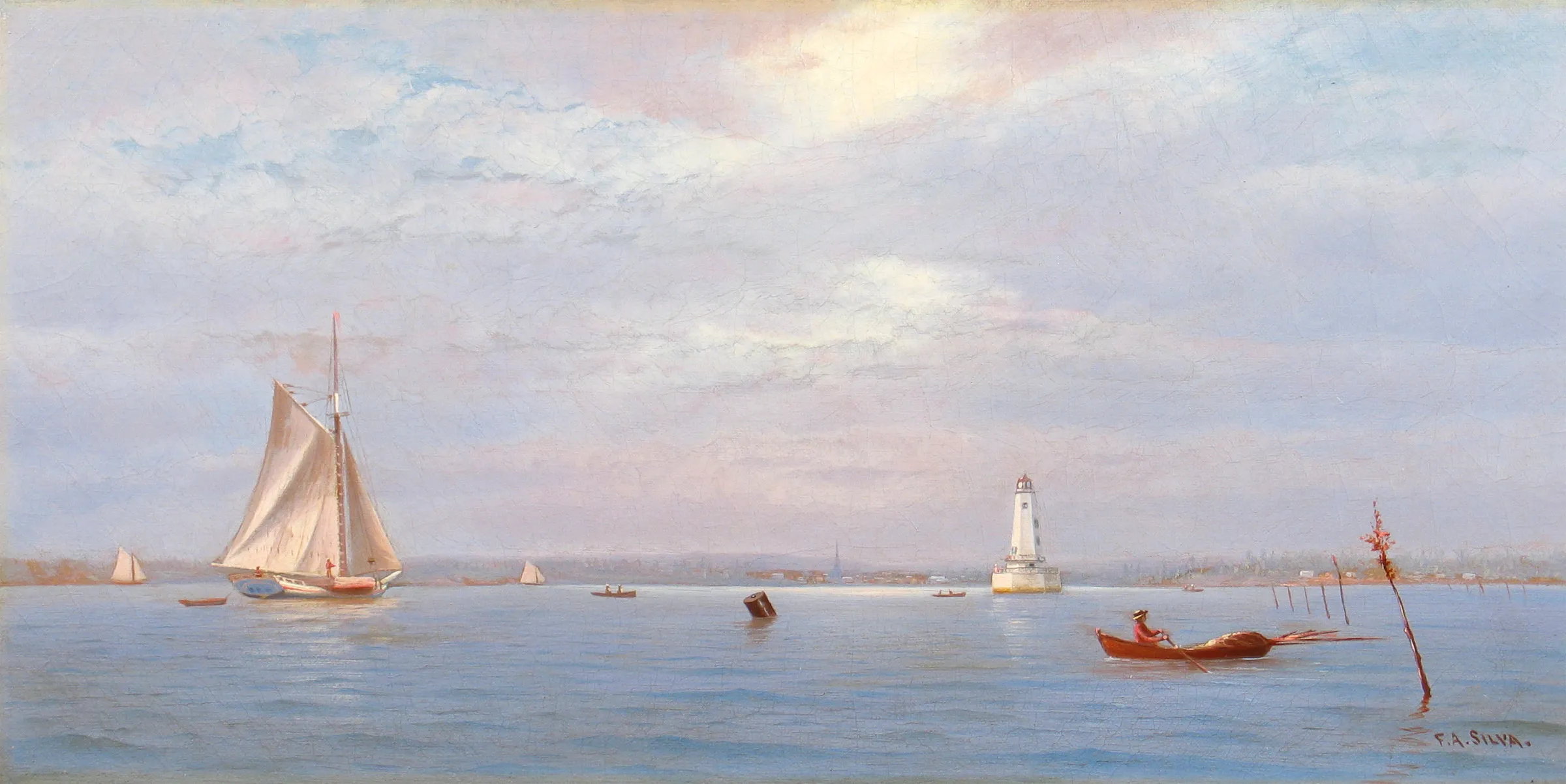 Francis Augustus Silva (1835–1886), Robbin's Reef Lighthouse off Tompkinsville, New York Harbor, c. 1880, oil on canvas, 9 x 18 in., signed lower right: F. A. Silva.