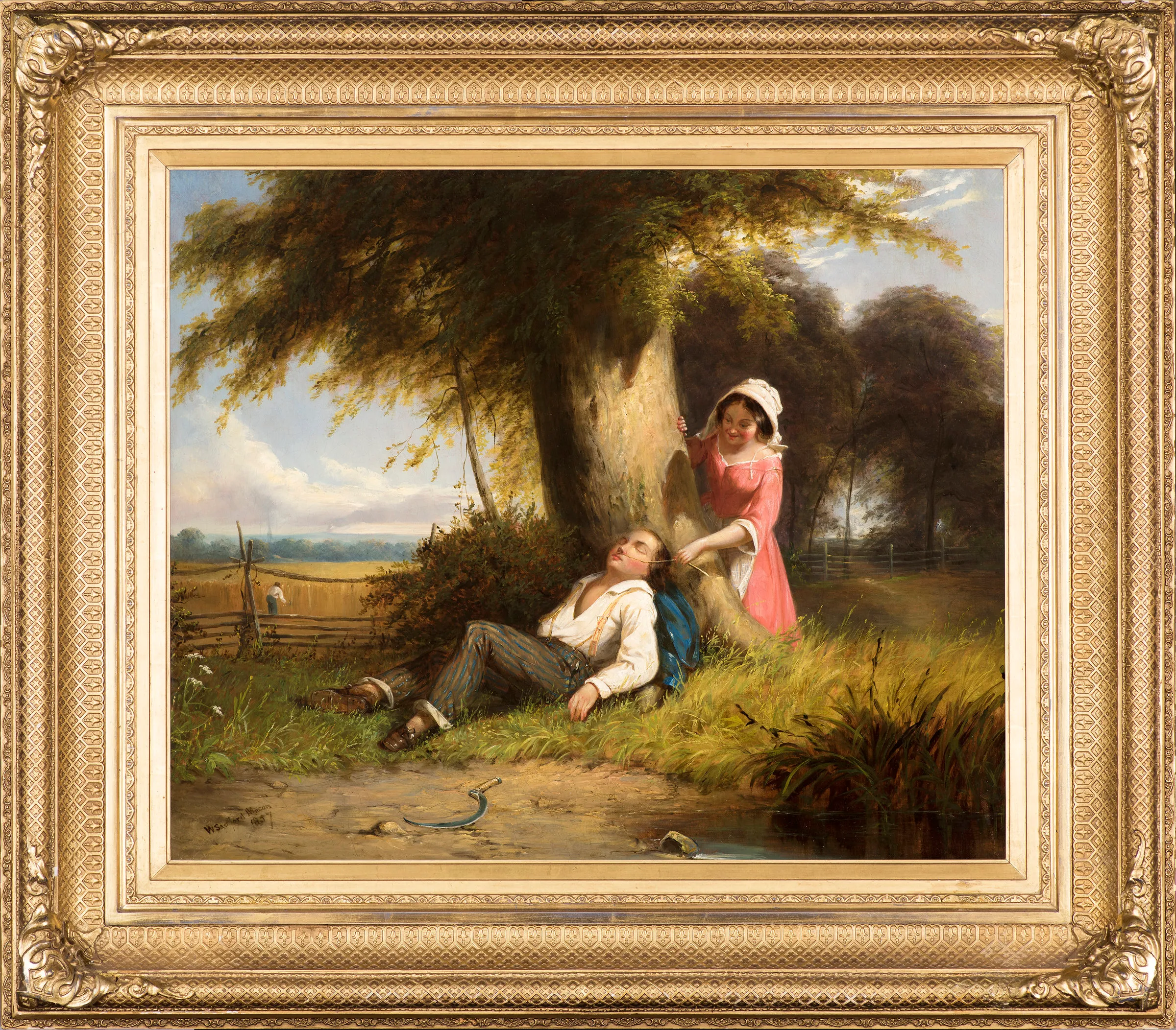 William Sanford Mason (1824–1864), Caught Napping, 1857, Oil on canvas, 20 x 24 1/4 in., Framed dimensions: 29 x 33 in., Signed and dated lower right: W. Sanford Mason