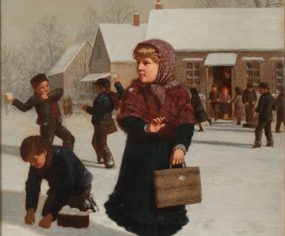 Samuel S. Carr (1837–1908). School Days. Oil on canvas, 24 x 18 in. (detail). A snowball fight outside a country schoolhouse.