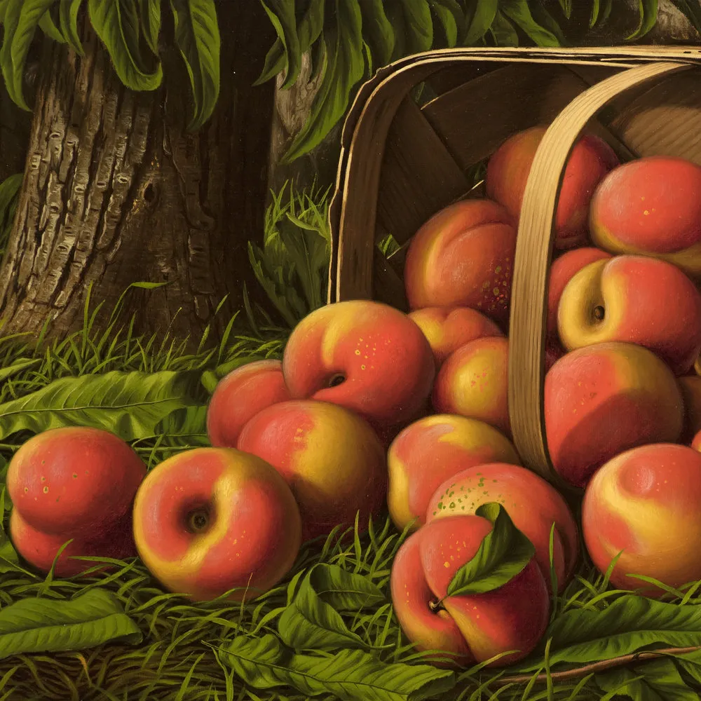 Levi Wells Prentice (1851–1935), Peaches in a Basket Under a Tree, oil on canvas, 12 x 22 in. (detail)