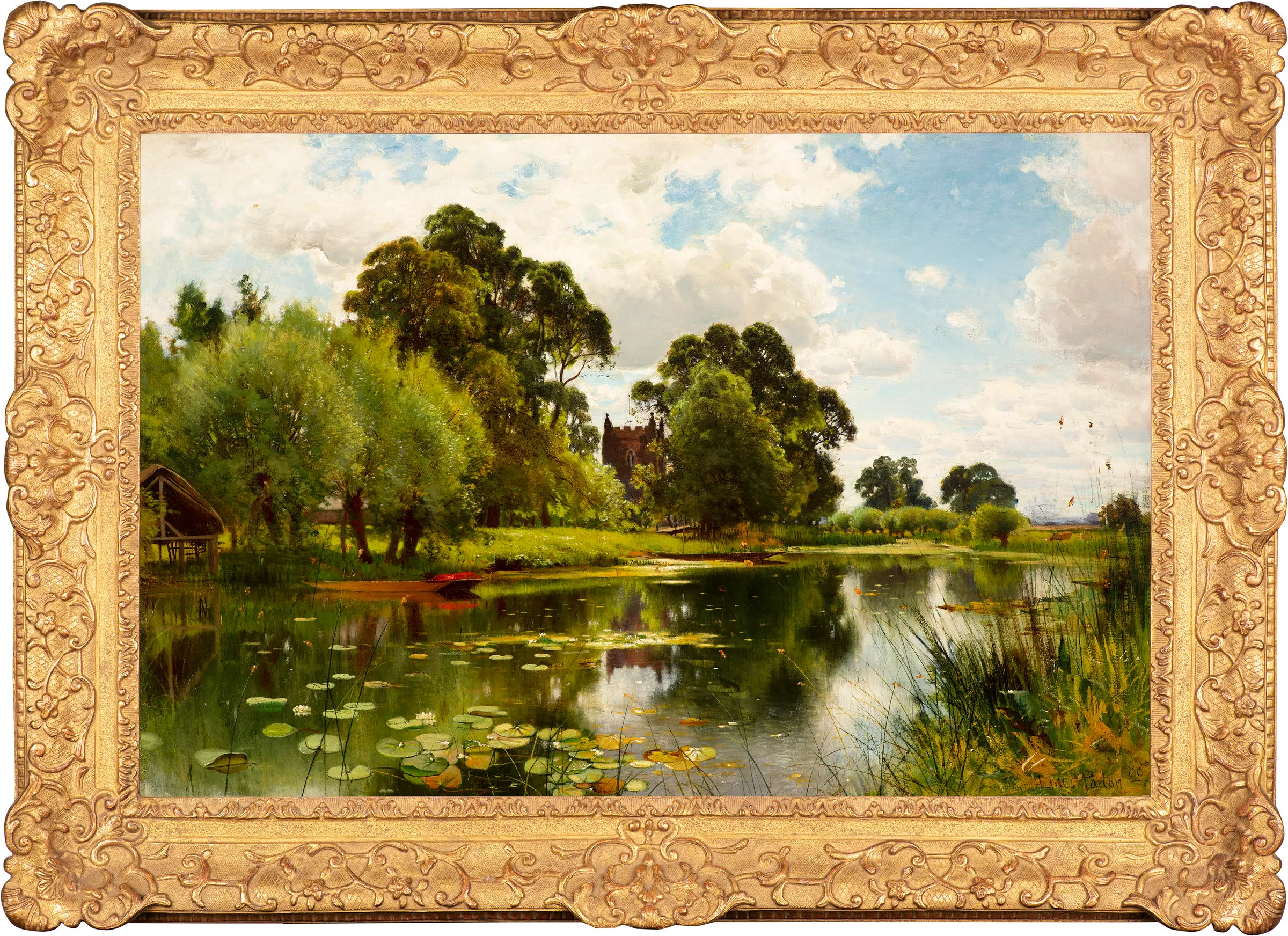 A bucolic view of the Thames River with lily pads, rowboats, and a church in the distance by Ernest Parton (1845–1933), oil on canvas, 24 x 36 in., signed and dated 1888