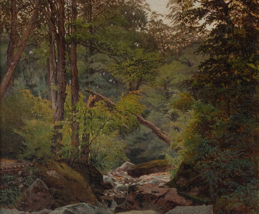 Alexander Lawrie (1828–1917). Woodland Interior, 1865. Oil on canvas, 12 x 9 1/4 in. (detail). A lush forest interior with a stream running down the middle of the composition.