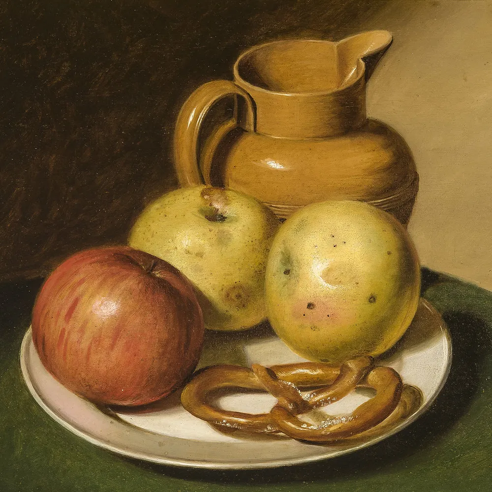 Raphaelle Peale (1774–1825). Still Life of Fruit, Pitcher, and Pretzel, 1810. Oil on wood panel, 11 3/4 x 13 in. (detail)