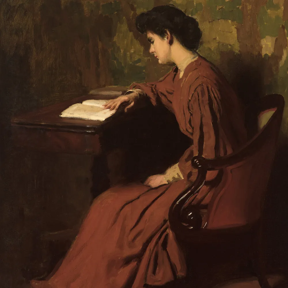 Thomas Anshutz (1851–1912). Woman Reading at a Desk, c. 1910. Oil on canvas, 26 x 24 in. (detail)