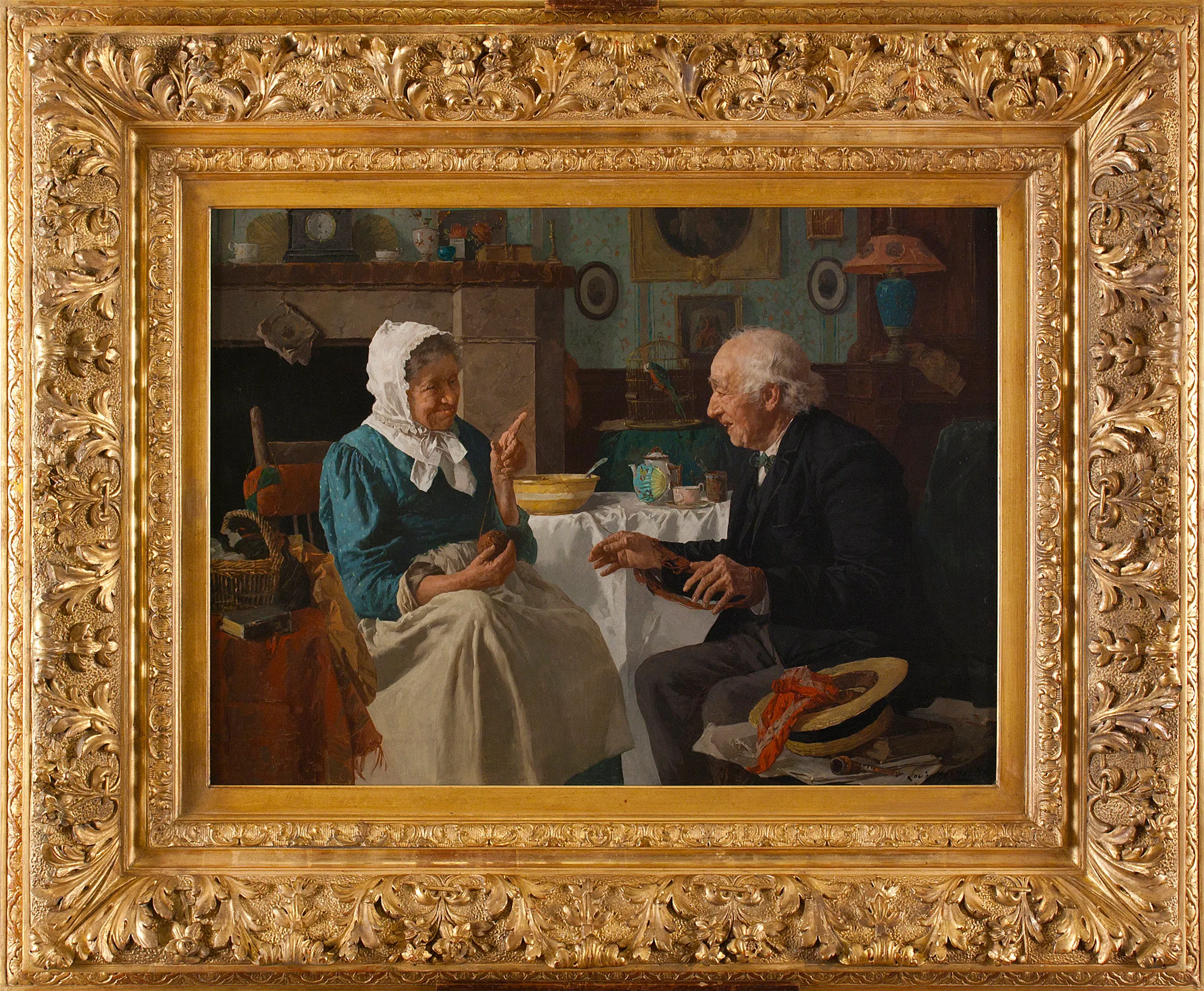 Louis Charles Moeller (1855–1930), Spinning Yarns, c. 1890, oil on canvas, 18 x 24 in., signed lower right: Louis Moeller NA (framed)