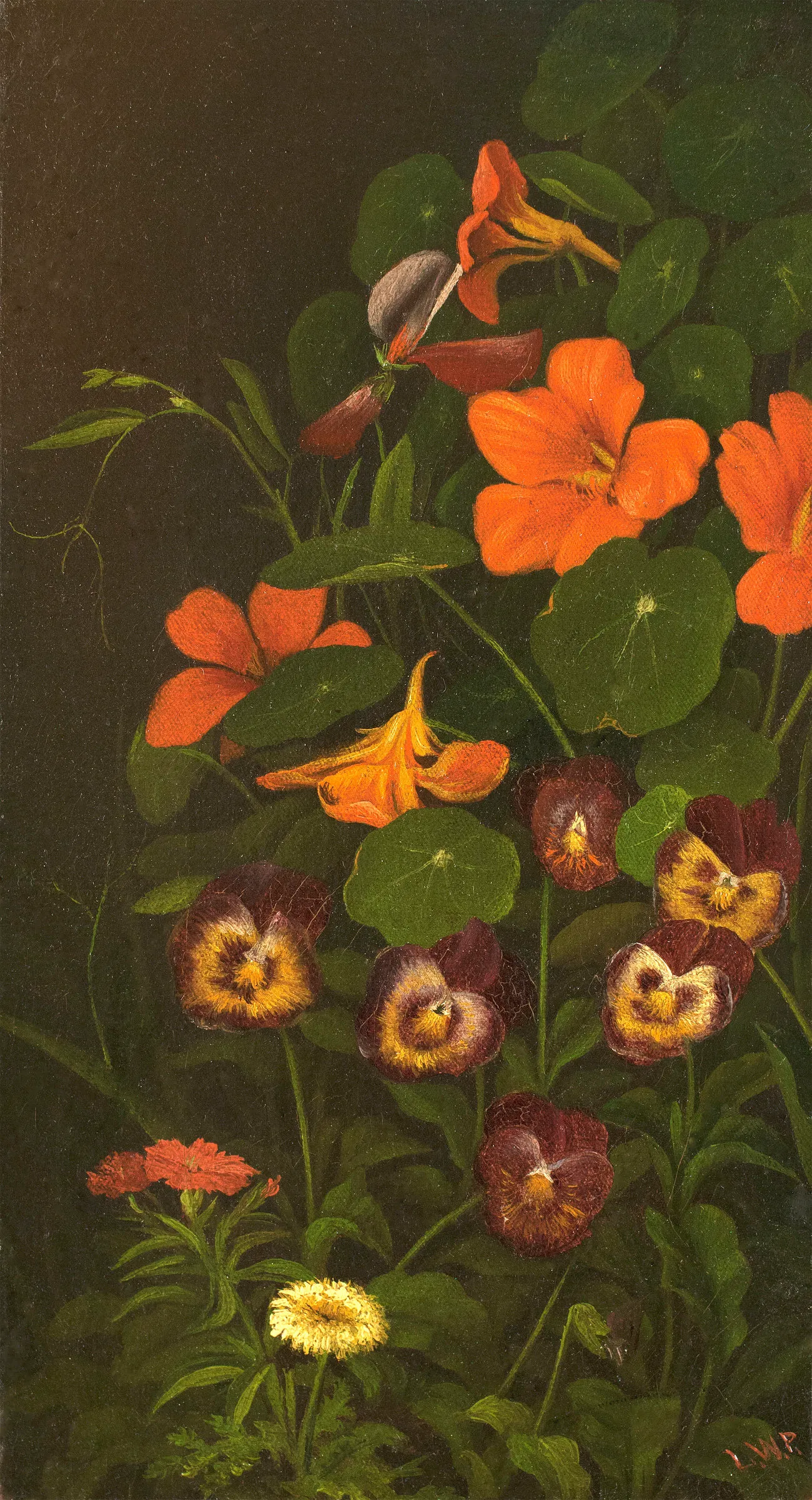 Levi Wells Prentice (1851–1935), Pansies and Nasturtiums, c. 1890, oil on canvas, 11 1/2 x 6 1/2 in., signed lower right: L. W. P.