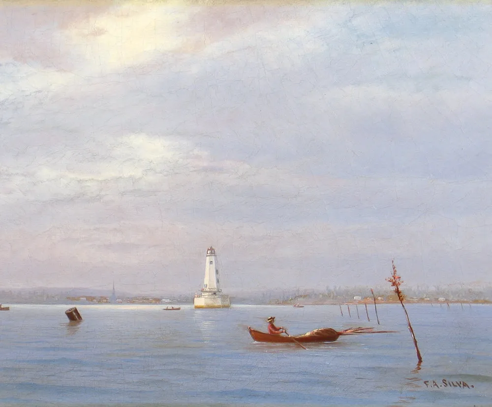 Francis Augustus Silva (1835–1886), Robbin's Reef Lighthouse off Tompkinsville, New York Harbor, c. 1880, oil on canvas, 9 x 18 in., signed lower right: F. A. Silva.