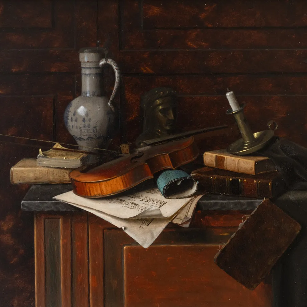 William Michael Harnett (1848–1892). Dutch Jar and Bust of Dante, 1885. Oil on panel, 10 3/8 x 13 3/4 in. (detail)