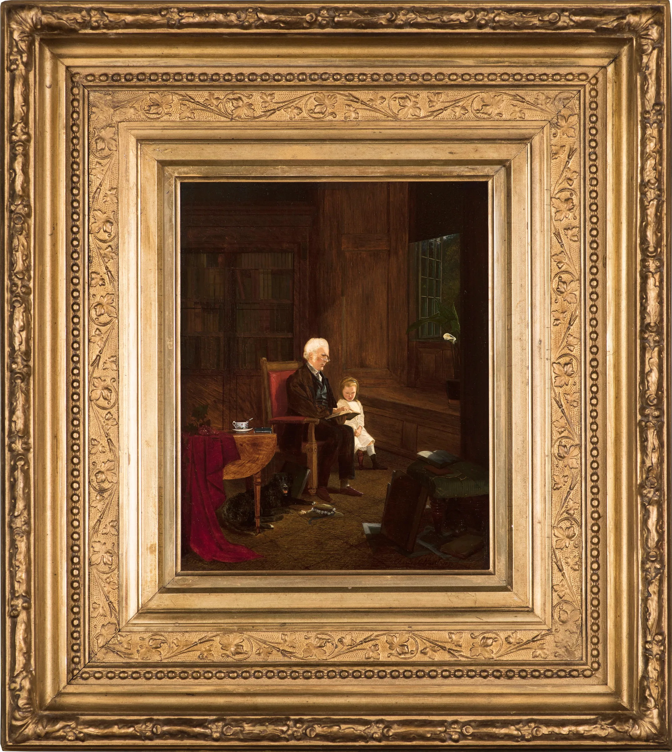 Charles Caleb Ward (1831–1896), The Lesson, 1875, oil on board, 10 x 7 7/8 in., signed and dated lower right: Charles C. Ward 1875 (framed)