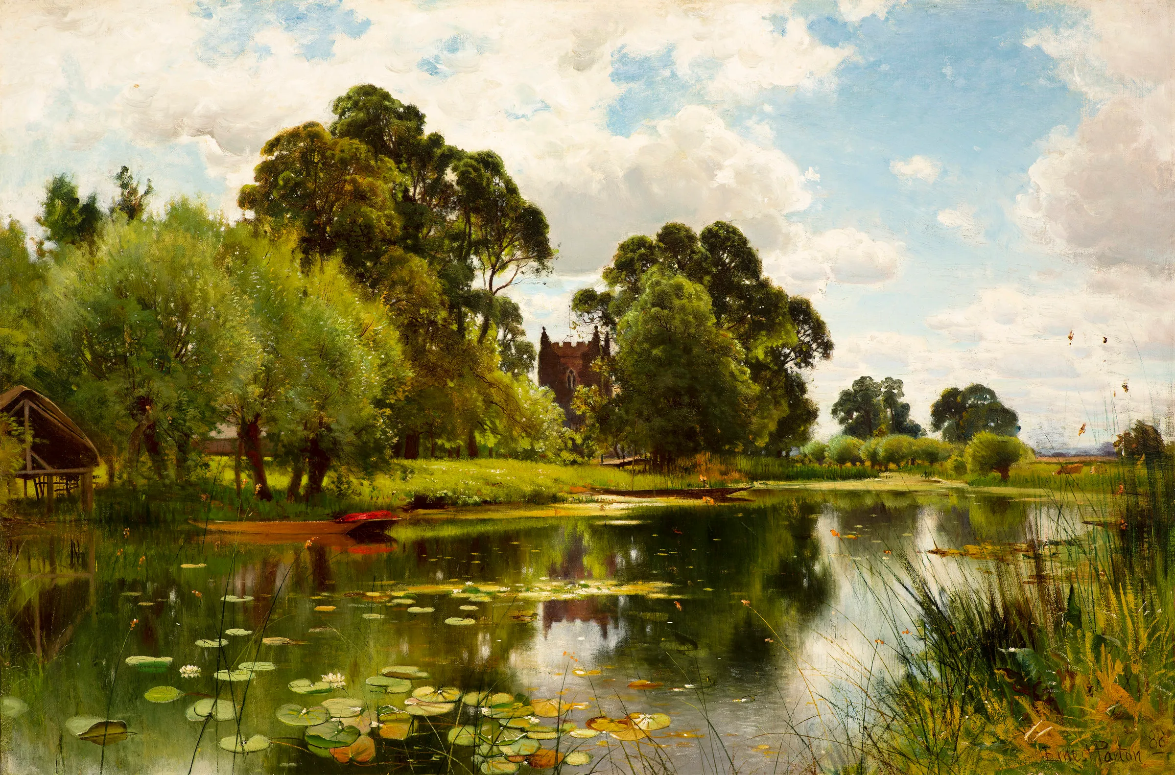 A bucolic view of the Thames River with lily pads, rowboats, and a church in the distance by Ernest Parton (1845–1933), oil on canvas, 24 x 36 in., signed and dated 1888