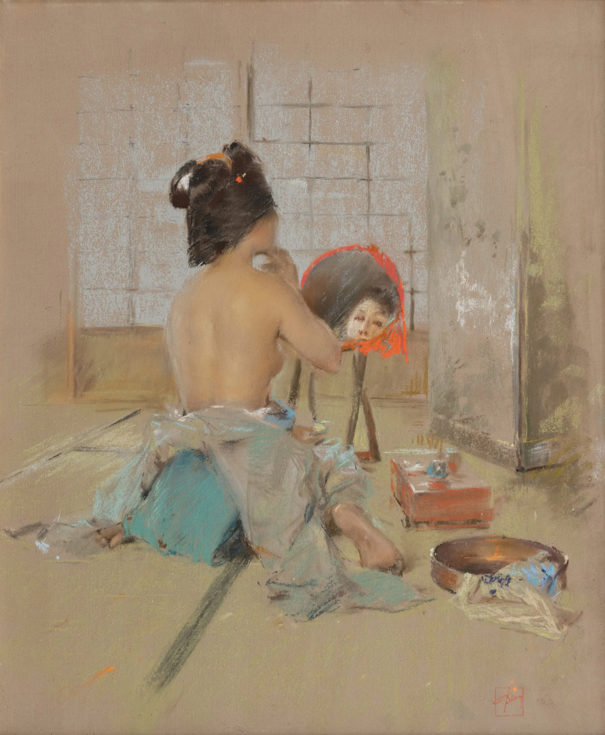 Robert Frederick Blum (1857–1903). Geisha at Her Toilet, c. 1891–92. Pastel on paper, 14 1/4 x 11 1/2 in. Signed with artist's device lower right