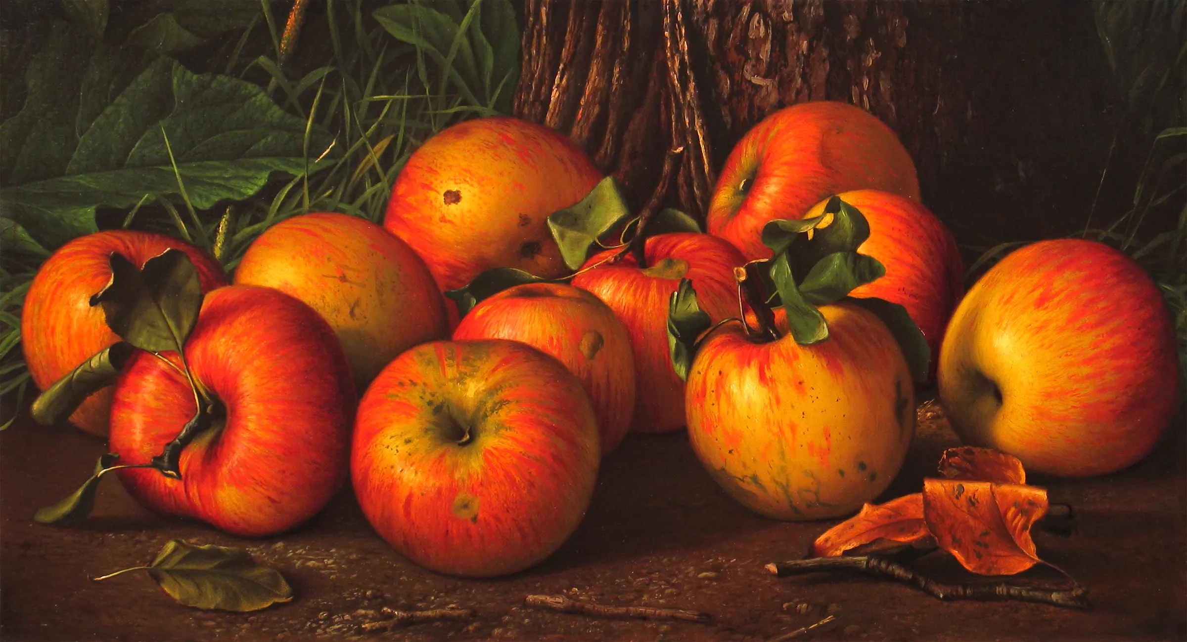 Levi Wells Prentice (1851–1935), Apples by a Tree, c. 1885, oil on canvas, 10 x 18 in.