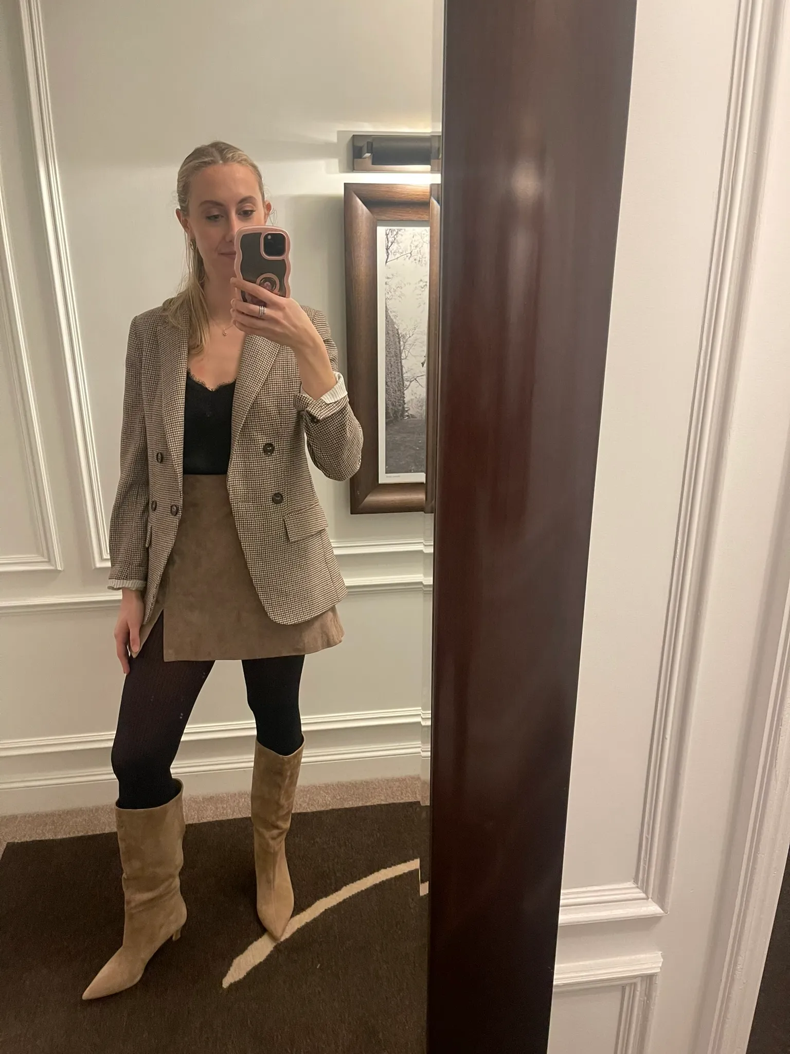 Melinda Godel, Houndstooth and Suede Boots