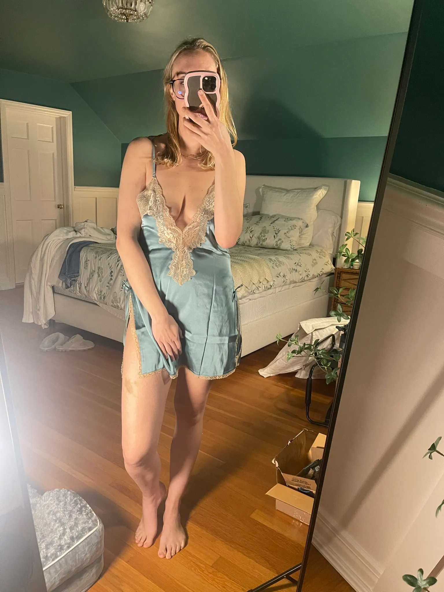 Melinda Godel, Teal Slip, Bare Legs